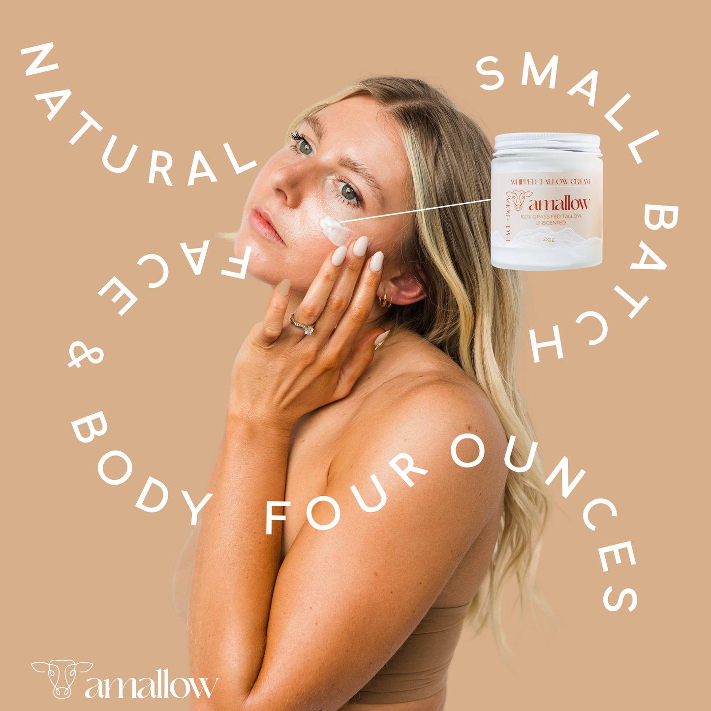 Natural Face & Body, 4 ounces, Small batch. Picture of model applying product to cheek.