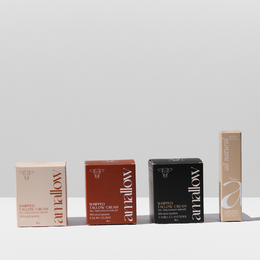 Boxes of Unscented Clean Cloud and Vanilla Lavender products and vanilla dream lip balm shown next to each other.