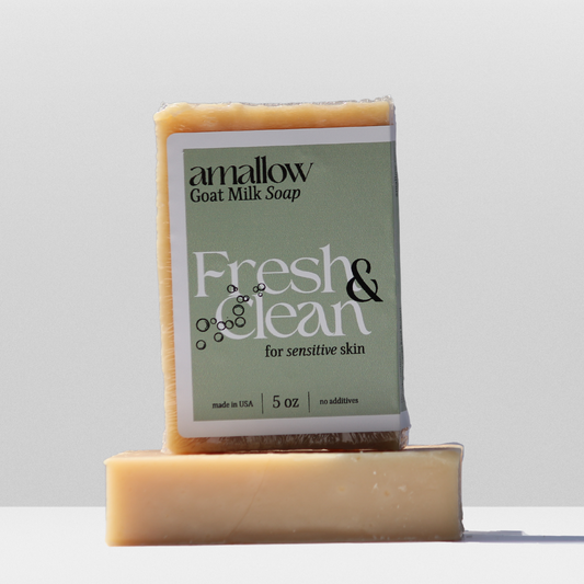 Fresh & Clean  soap shown. Label Reads "Amallow Goat Milk Soap. Fresh and Clean for sensitive skin. Made in USA 5 oz, no additives.
