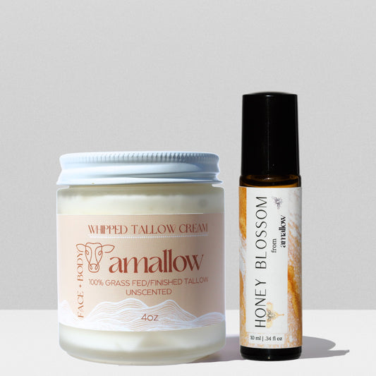 Unscented Tallow Cream and Honey Blossom Perfume oil shown together.