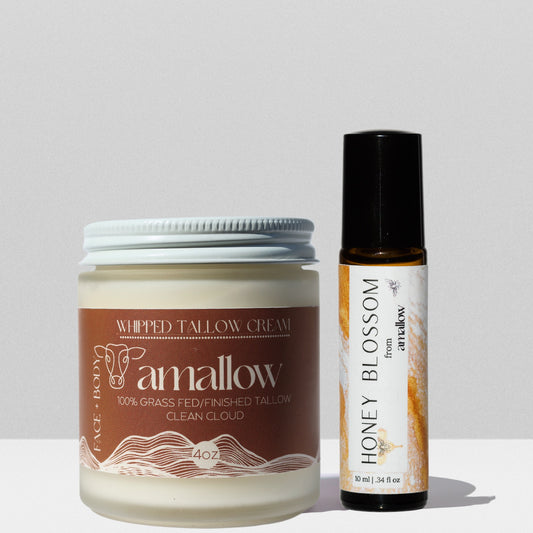 Clean Cloud Tallow Cream and Honey Blossom Perfume oil shown together.