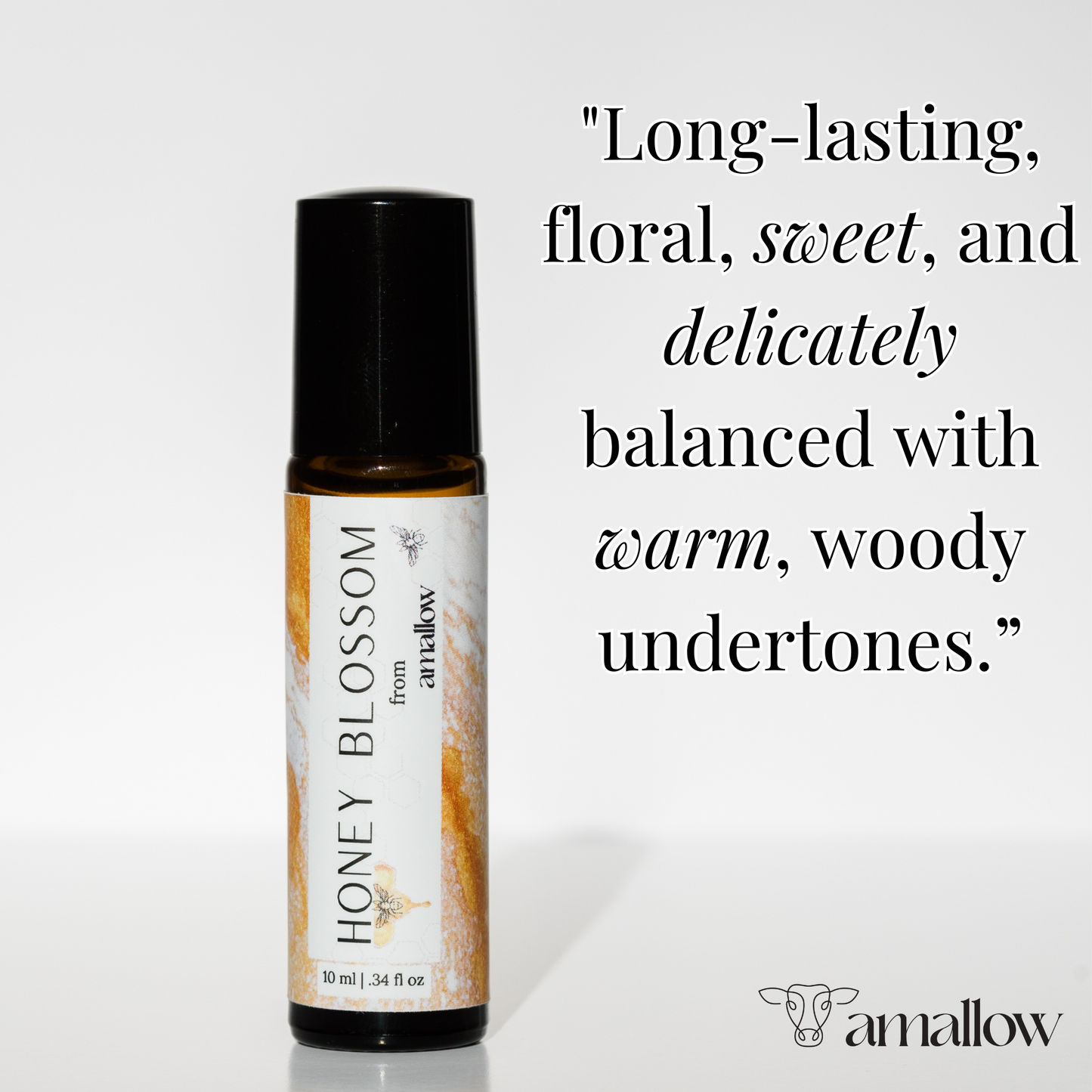 Photo of product shown with quote "Long-Lasting, floral, sweet, and delicately balanced with warm, woody undertones."