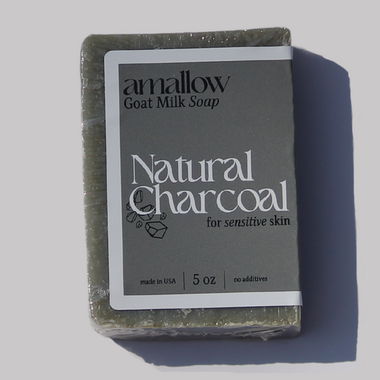 Natural Charcoal soap bar shown close up.