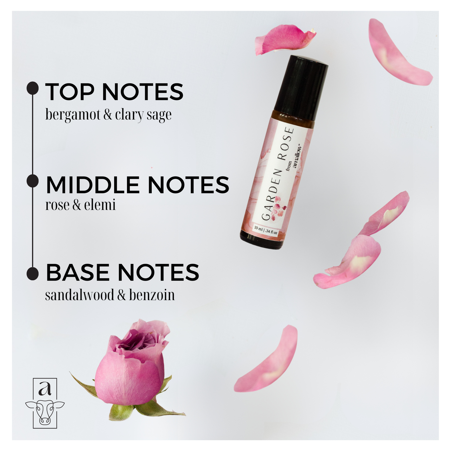 Showing the perfume roller with rose petals in the background - Top notes - Bergamot & clary sage, Middle Notes - Rose & Elemi, Base Notes - sandalwood & benzoin