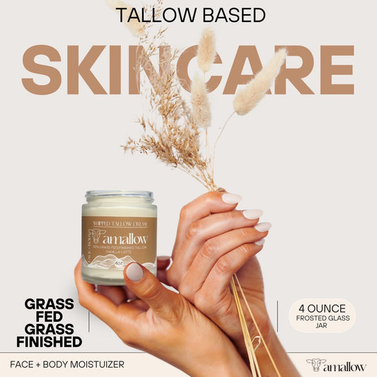 Tallow Based Skincare. Grass Fed Grass Finished. Face + Body Moisturizer. Picture shown of someone holding the jar of product and some wheat in their other hand.