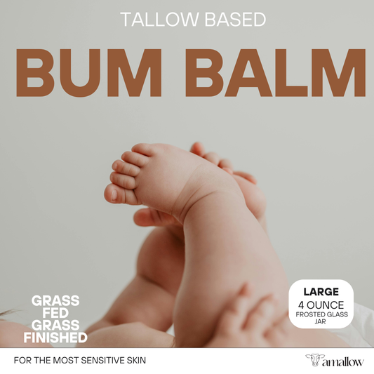 Photo of baby grabbing their feed- Grass fed grass finished - For the Most sensitive skin - Large 4 oz Frosted glass jar.