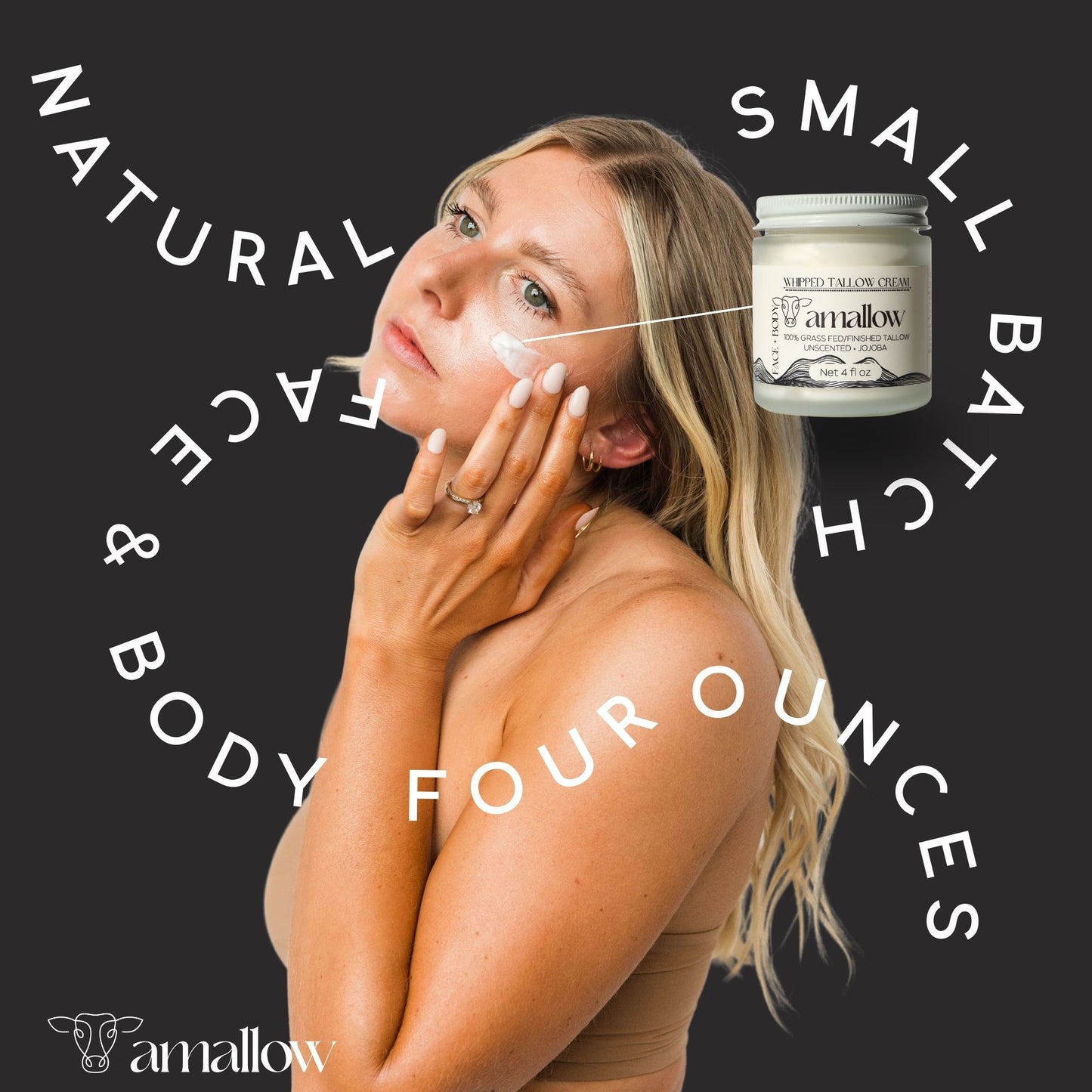 Natural Face & Body, 4 ounces, Small batch. Picture of model applying product to cheek.