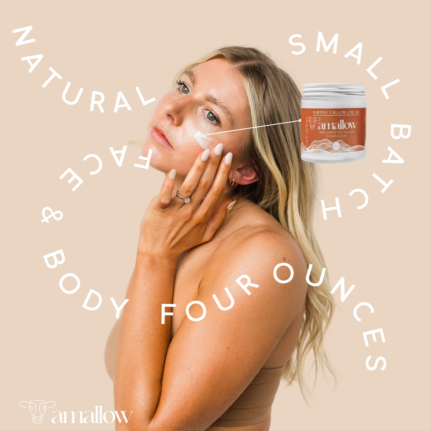 Natural Face & Body, 4 ounces, Small batch. Picture of model applying product to cheek.