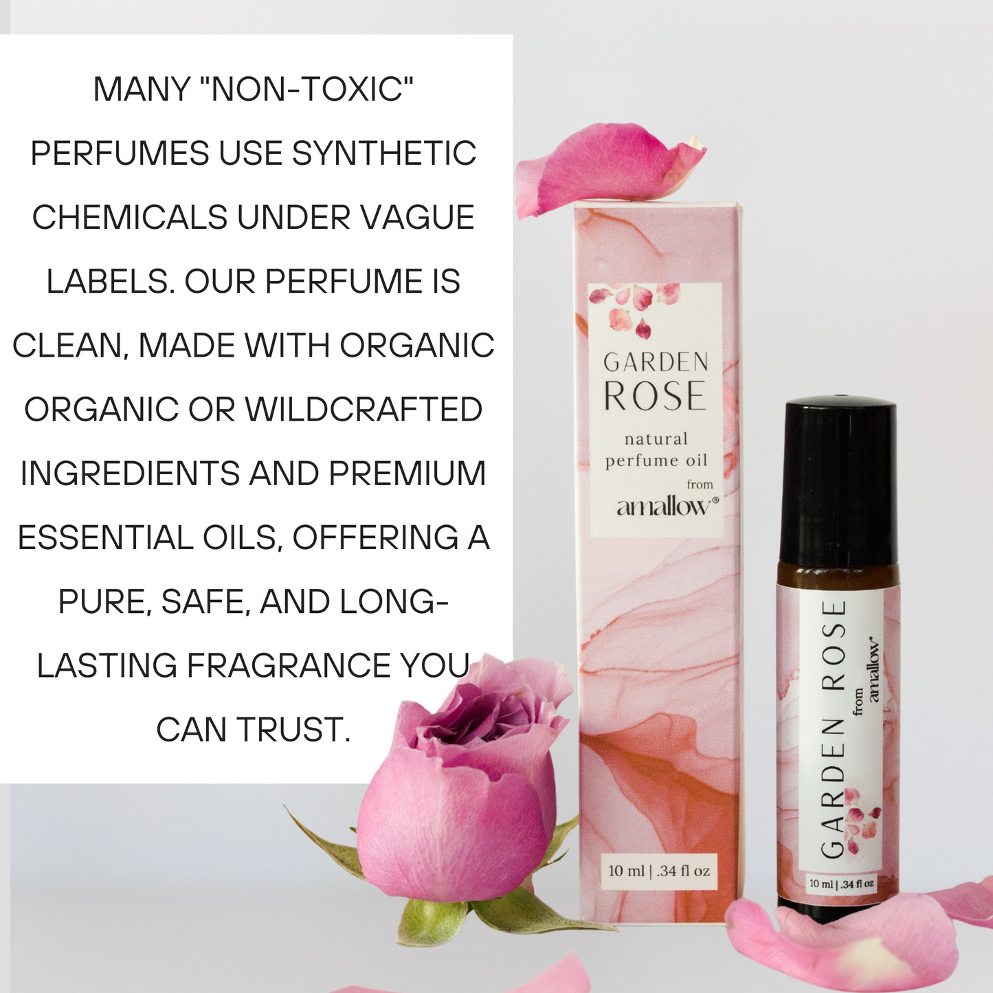 Photo of perfume with rose petals around it - Many "non-toxic" perfumes use synthetic chemicals under vague labels. Our perfume is clean, made with organic Organic or wildcrafted ingredients and premium essential oils, offering a pure, safe, and long-lasting fragrance you can trust.