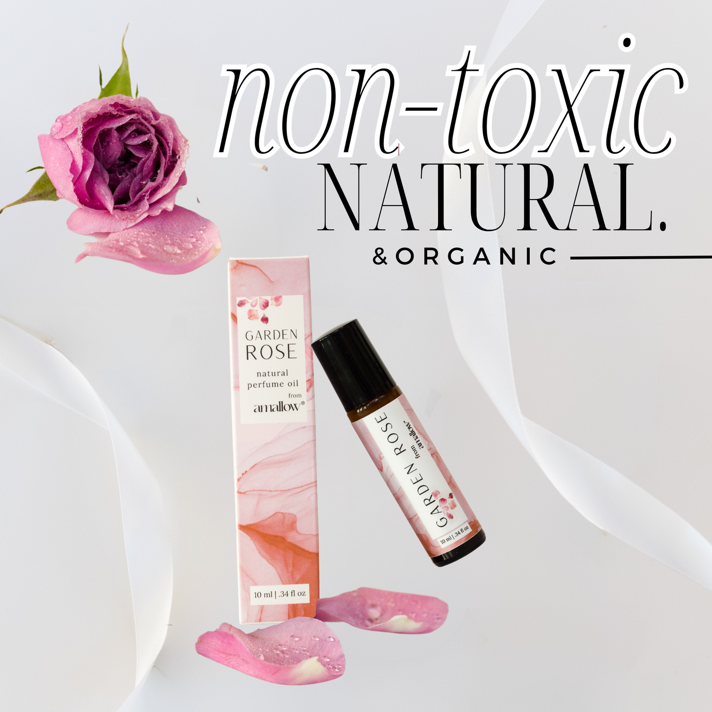 Picture of perfume and rose petals "Non-Toxic Natural & Organic"