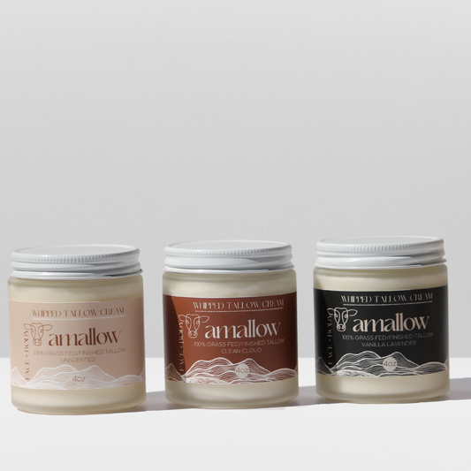 Trio Pictured of Unscented Clean Cloud and Vanilla Lavender products shown next to each other.