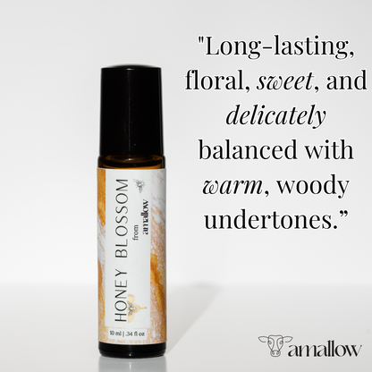 Photo of product shown with quote "Long-Lasting, floral, sweet, and delicately balanced with warm, woody undertones."