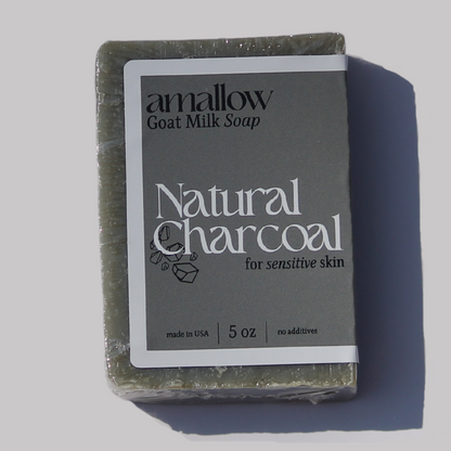 Natural Charcoal soap bar shown close up.