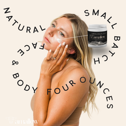 Natural Face & Body, 4 ounces, Small batch. Picture of model applying product to cheek.