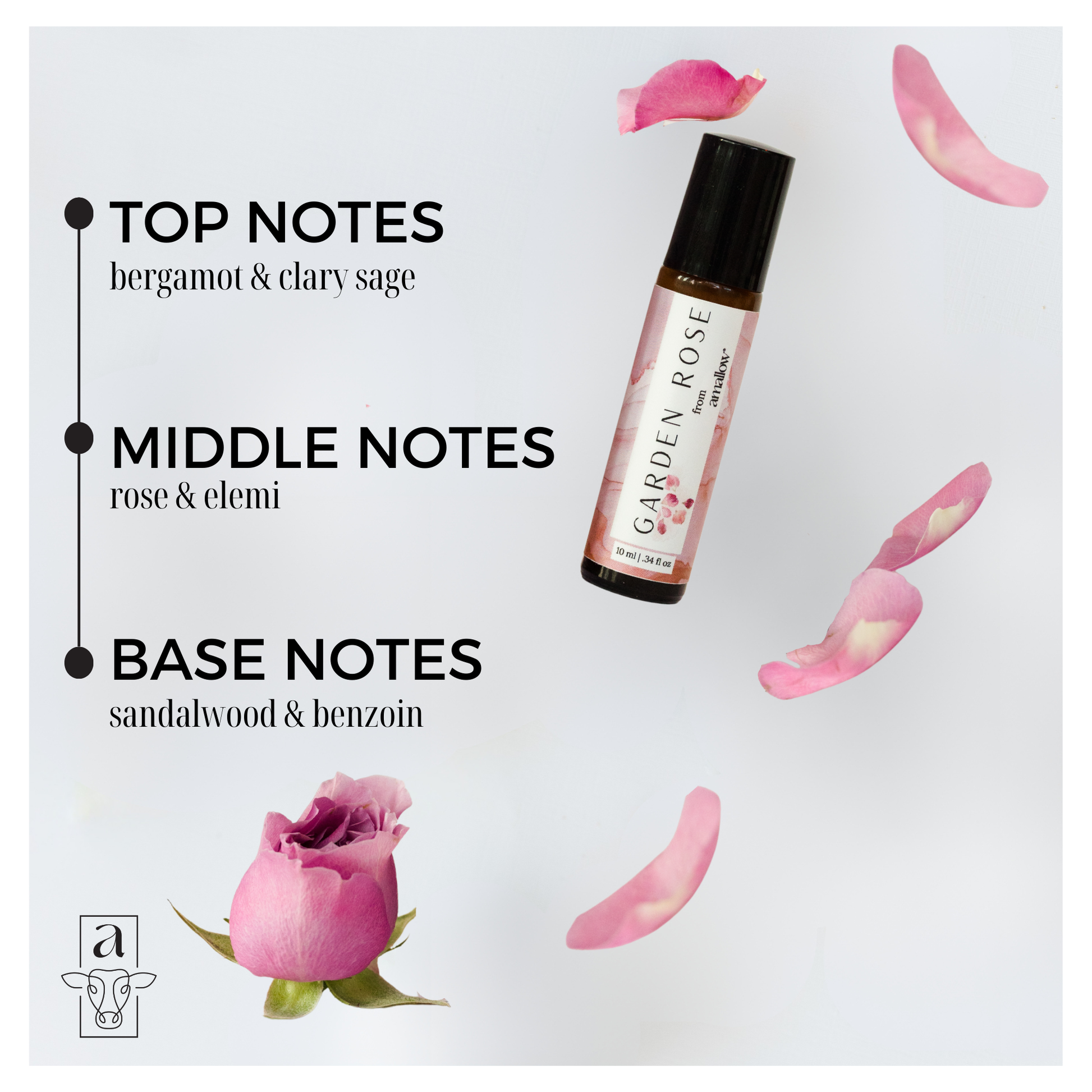 Showing the perfume roller with rose petals in the background - Top notes - Bergamot & clary sage, Middle Notes - Rose & Elemi, Base Notes - sandalwood & benzoin