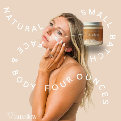 Natural Face & Body, 4 ounces, Small batch. Picture of model applying product to cheek.