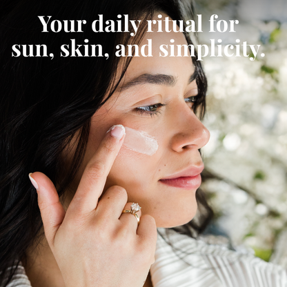 Woman applying sun balm to cheek - "Your daily ritual for sun, skin, and simplicity".
