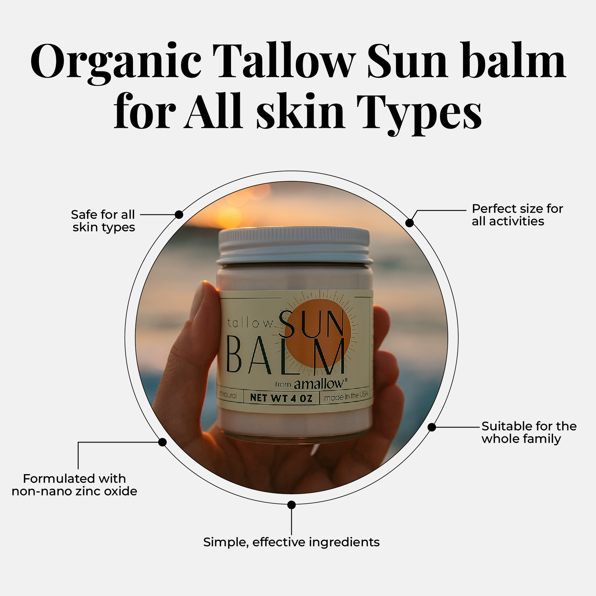 Jar of Organic Tallow Sun Balm held up at sunset. Surrounded by text: safe for all skin types, perfect size for all activities, suitable for the whole family, simple ingredients, and made with non-nano zinc oxide. Bold heading reads: “Organic Tallow Sun Balm for All Skin Types.”