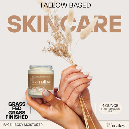 Tallow Based Skincare. Grass Fed Grass Finished. Face + Body Moisturizer. Picture shown of someone holding the jar of product and some wheat in their other hand. 
