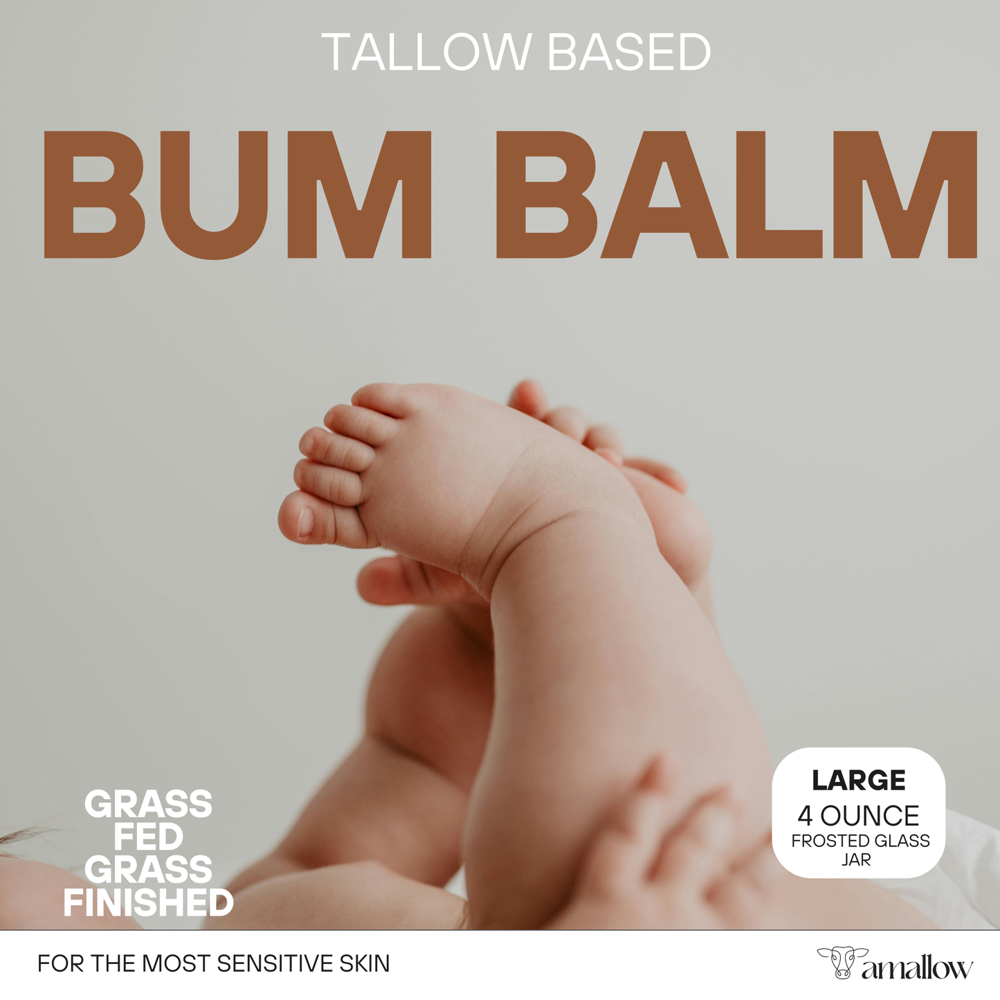 Photo of baby grabbing their feed- Grass fed grass finished - For the Most sensitive skin - Large 4 oz Frosted glass jar.