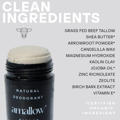 An open container of Amallow Natural Deodorant is shown with the product visible at the top. The label reads 'Natural Deodorant, Amallow'. Text beside the container reads: 'Clean Ingredients' followed by a list: Grass Fed Beef Tallow, Shea Butter, Arrowroot Powder, Candelilla Wax, Magnesium Hydroxide, Kaolin Clay, Jojoba Oil*, Zinc Ricinoleate, Zeolite, Birch Bark Extract, Vitamin E*. A note at the bottom states ingredeints with an astrisk next to them are 'Certified Organic Ingredient'.