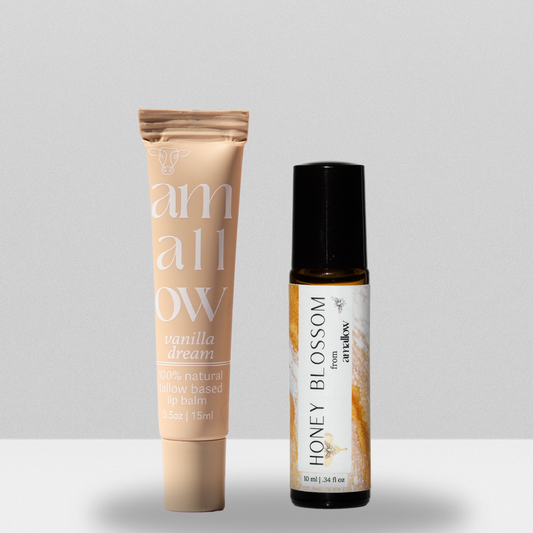 Bundle of Vanilla Dream Lip Balm and honey blossom perfume roller shown next to each other.