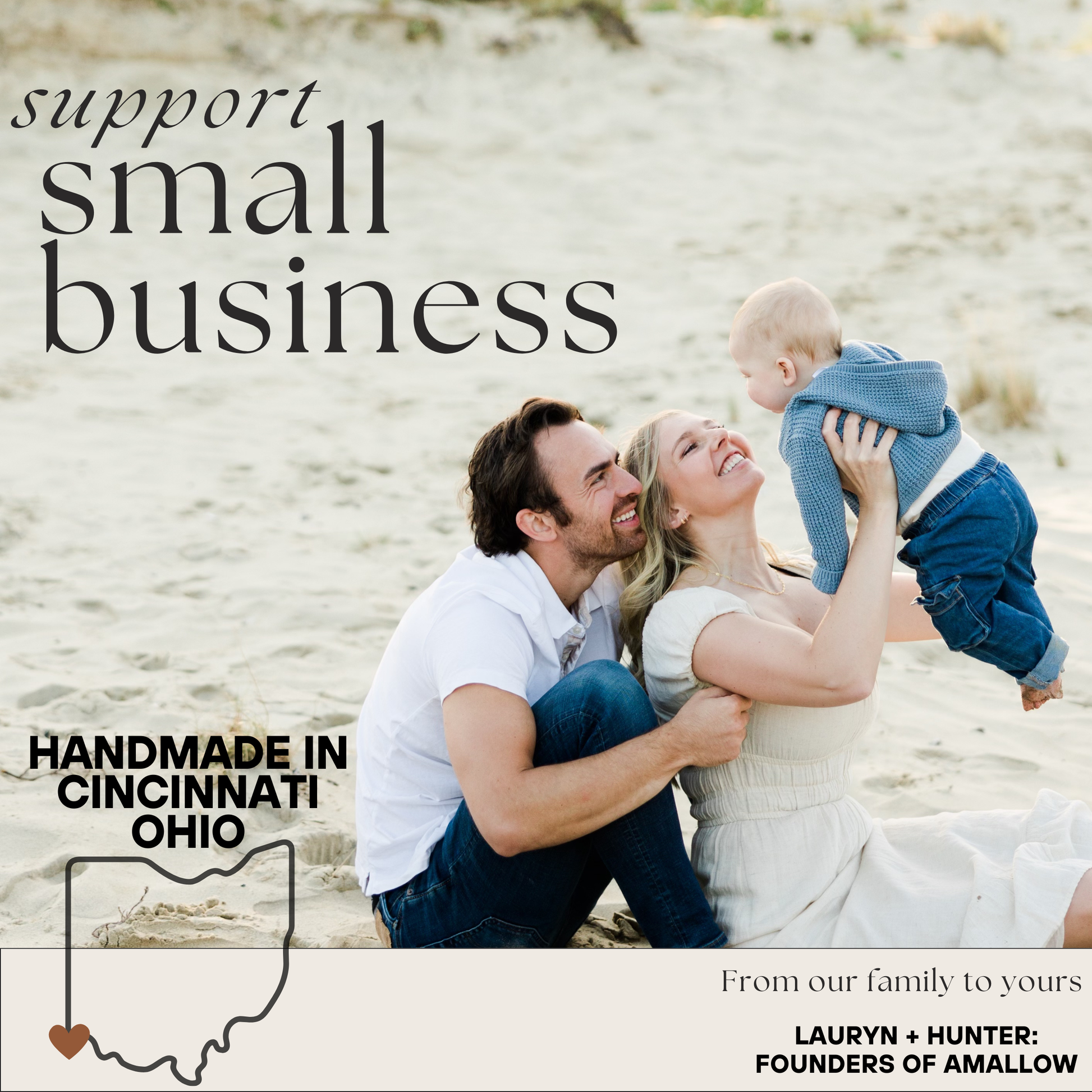 Support small business - photo of owners of amallow with their baby. -Handmade in Cincinnati Ohio - From our family to yours - Lauryn + Hunter - Founders of Amallow