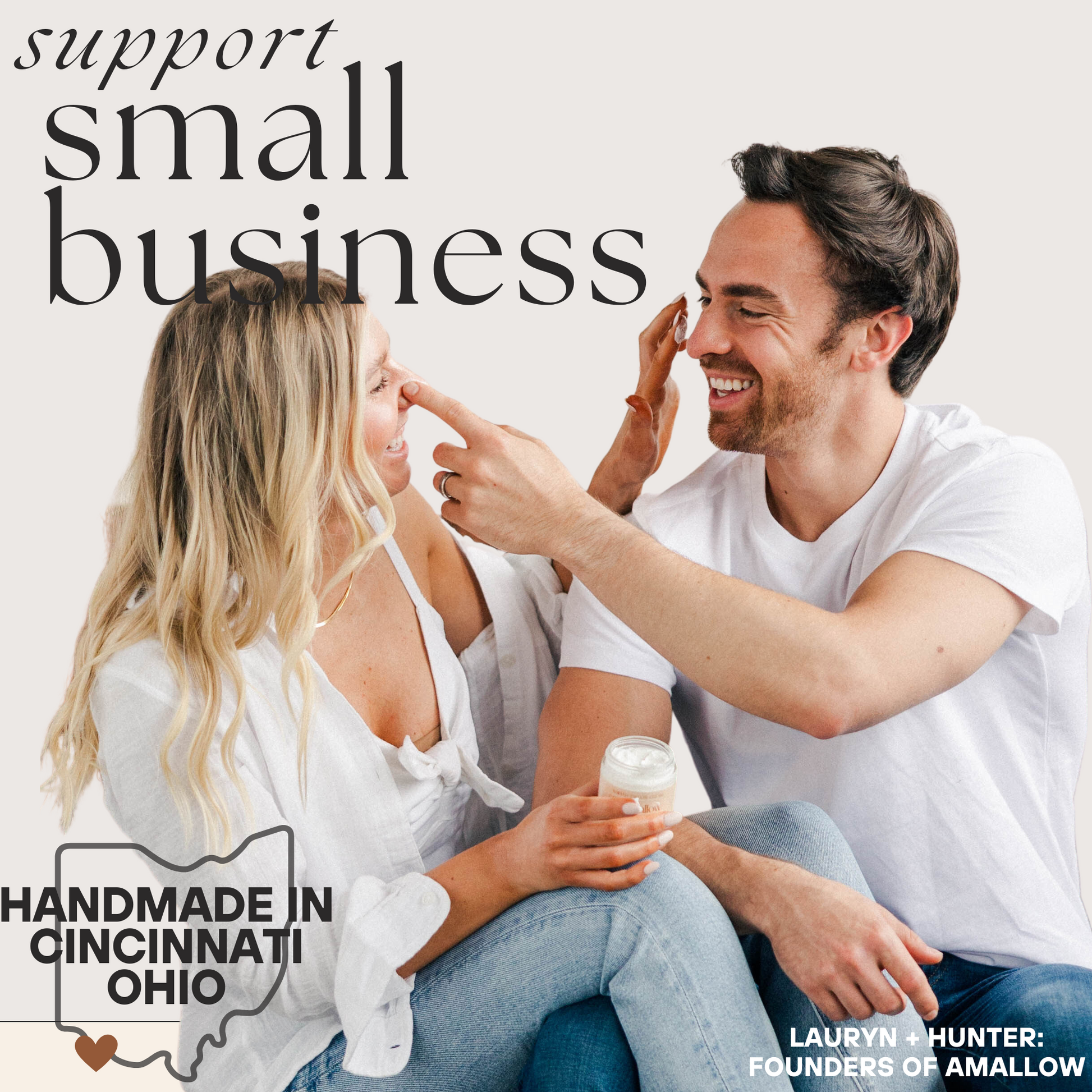 Support small business. Picture of founders Hunter & Lauryn shown putting tallow on each other's faces. Handmade in Cincinnati Ohio. 