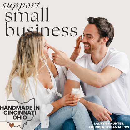 Support small business. Picture of founders Hunter & Lauryn shown putting tallow on each other's faces. Handmade in Cincinnati Ohio. 