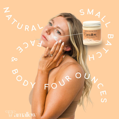 Natural Face & Body, 4 ounces, Small batch. Picture of model applying product to cheek.